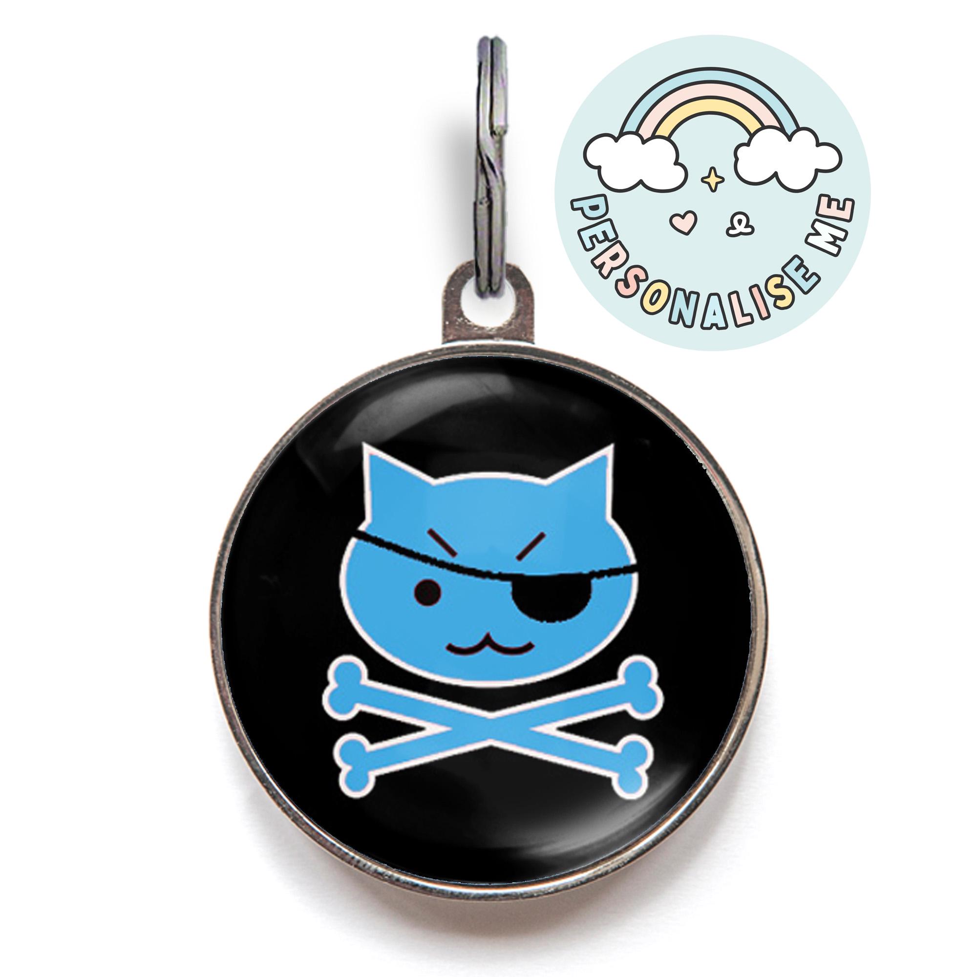 Pirate Cat Tag – Blue Fun Cat ID Tag with Eyepatch and Crossbones – Funny Pet Tag for Cats – Custom Cat Tag for Adventurous Cats