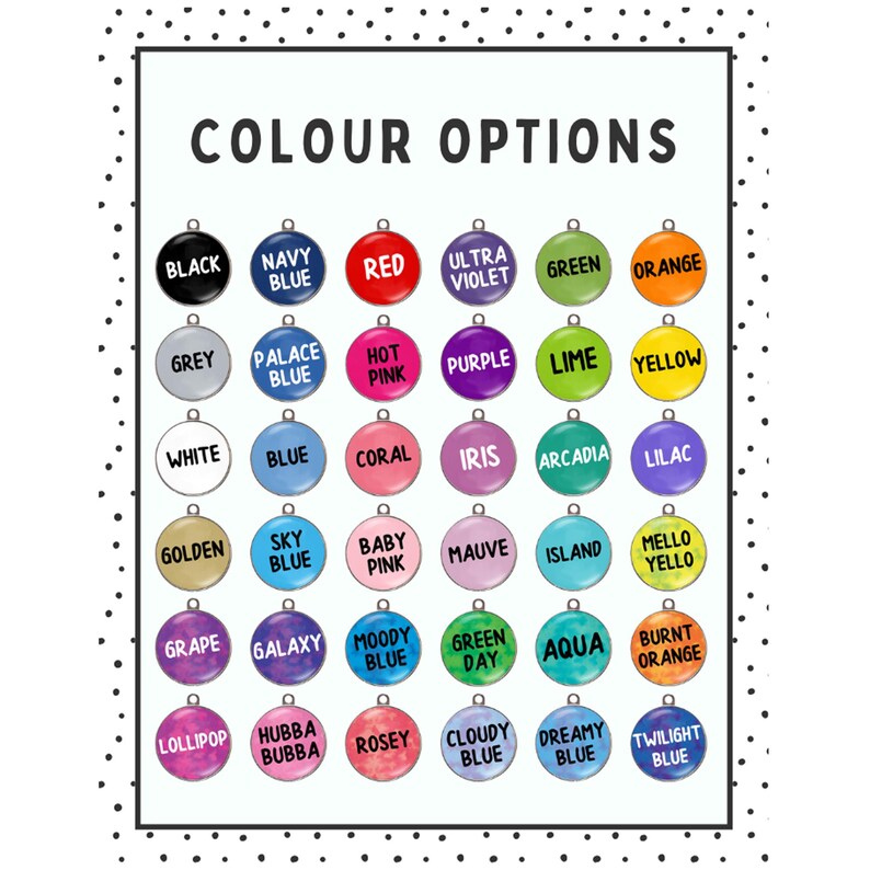 K&ouml;nnte beinhalten: Eine Tabelle mit verschiedenen Farboptionen f&uuml;r ein Produkt. Der Text "COLOUR OPTIONS" steht oben. Jede Farbe wird durch ein kleines, rundes Etikett mit dem Farbnamen in wei&szlig;er Schrift dargestellt. Farben sind Schwarz, Rot, Lila und Blau.