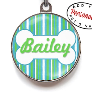 Placa de identificación para perro con rayas - Diseño de hueso azul y verde / Placa de identificación personalizada para perros y gatos / Placa personalizada de doble cara