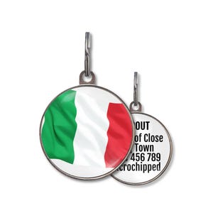 May include: Two round pet tags. One tag features the Italian flag in green, white, and red. The second tag has the text "OUT of Close Town 456 789 microchipped" in black on a white background. Both tags have a silver-colored metal loop.