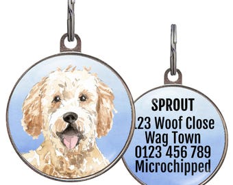 Goldendoodle Dog ID Tag – 4 Background Colors – Personalized Doodle Name Tag – Custom Pet Gift for Goldendoodle Lovers