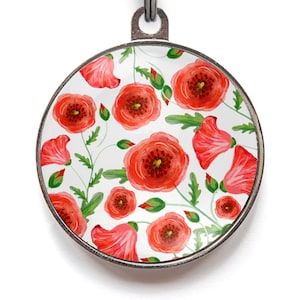 Placa de identificación floral para mascotas con diseño de amapola – Placa de identificación con diseño de flor de acuarela – Placa de identificación personalizada para perros o gatos