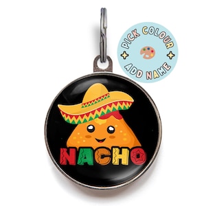 Etiqueta para perro con nacho, etiqueta con nombre para nacho, etiqueta para perro con chip, etiqueta de comida mexicana para cachorro