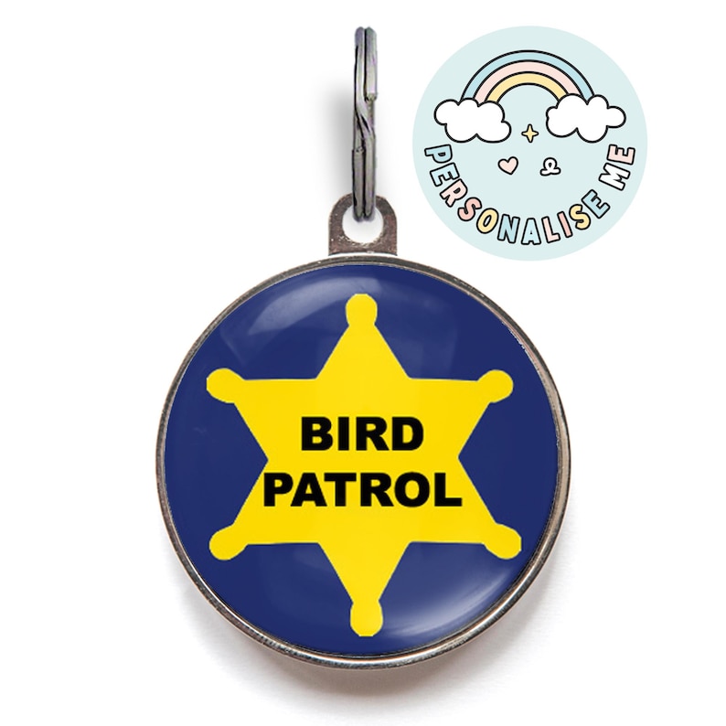 Cat tag featuring a yellow sheriff-style badge on a navy background with the words “Bird Patrol” in bold black text – fun hunter cat tag
