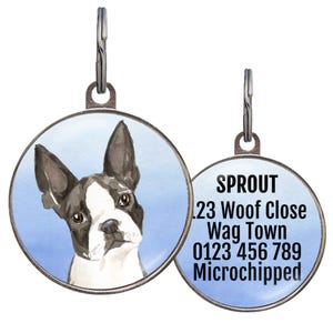 Boston Terrier Dog ID Tag – 4 Background Colors – Personalized Black and White Boston Name Tag – Custom Gift for Boston Dog Lovers