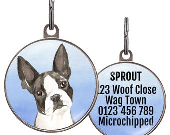 Médaille d'identité pour chien Boston Terrier - 4 couleurs de fond - Médaille d'identité personnalisée Boston en noir et blanc - Cadeau personnalisé pour les amateurs de chiens de Boston