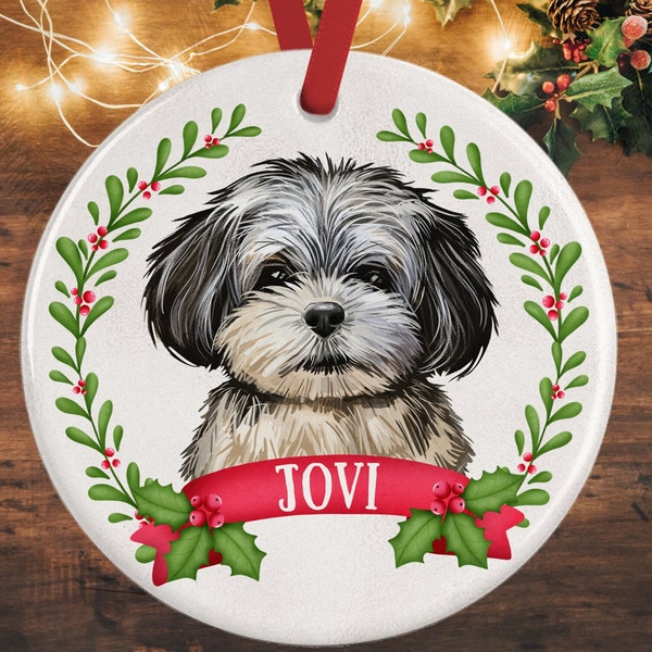 Peekapoo Christmas Ornament, Personalized Black & White Peekapoo Gift, Puppy's First Christmas Ornament | Personalised with your pet's name