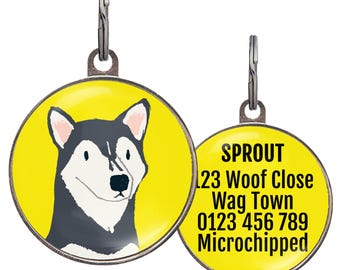 Husky Hundemarke – Schwarz und Weiß Husky – 6 Farboptionen – Personalisierter Haustieranhänger – Wasserdicht – 2 Größen