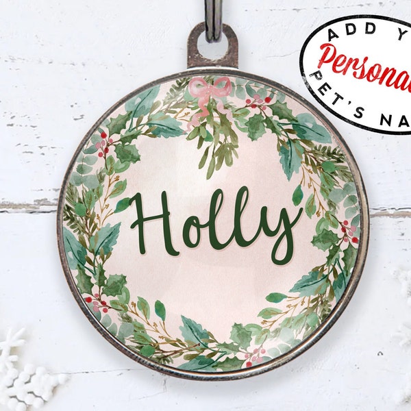Holly Pet Name Tag, Christmas Floral Dog Tag, Personalized Holly Pet Tag, Personalized Christmas Floral Name Tag