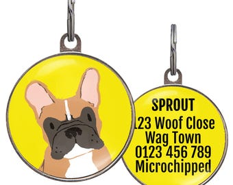 Placa de identificación para Bulldog Francés – 6 colores – Frenchie cervatillo – Placa de identificación personalizada para Bulldog Francés – Placa impermeable para mascotas – 2 tamaños – Nombre personalizado