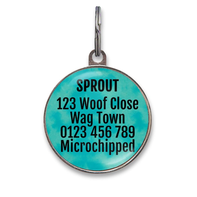 May include: A round metal pet identification tag with a teal watercolor-style background. The tag features black text reading SPROUT, 123 Woof Close, Wag Town, 0123 456 789, and Microchipped. It includes a silver-toned metal split ring attachment.