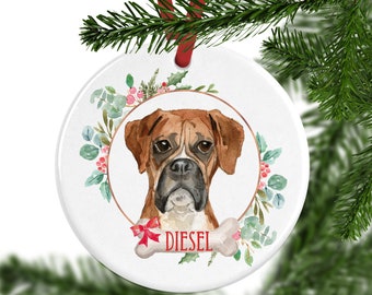 Personalized Boxer Dog Christmas Ornament, Personalised Tree Decoration, Custom Dog Ornament
