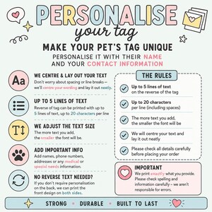 May include: An informational graphic titled PERSONALIZE your tag, detailing customization rules for pet tags. It lists guidelines for text length, font size, and content, including names and contact info, with pastel icons and a soft color palette.