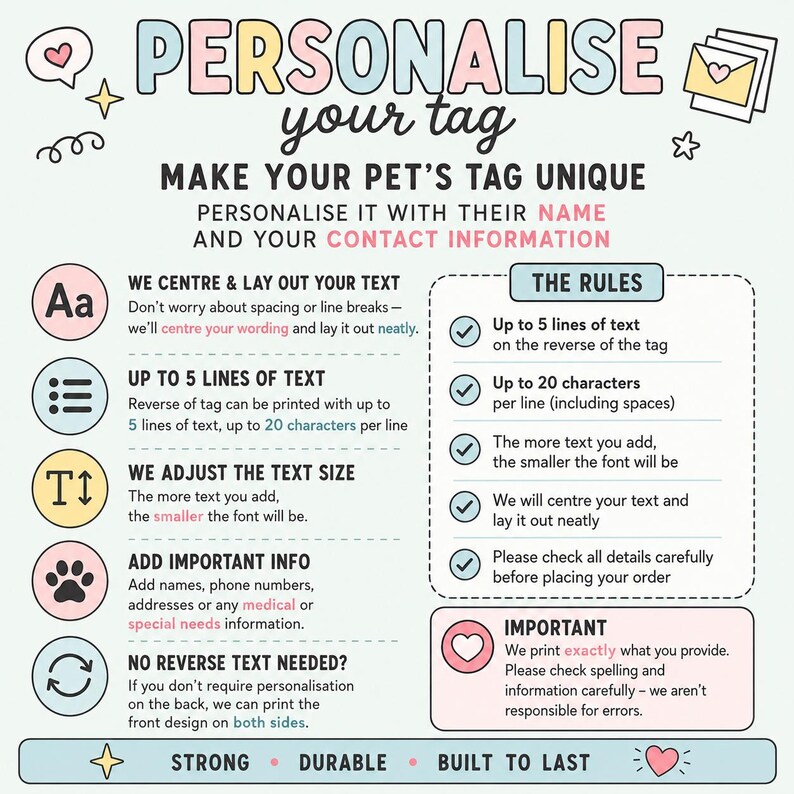 May include: An informational graphic titled PERSONALIZE your tag, detailing customization rules for pet tags. It lists guidelines for text length, font size, and content, including names and contact info, with pastel icons and a soft color palette.