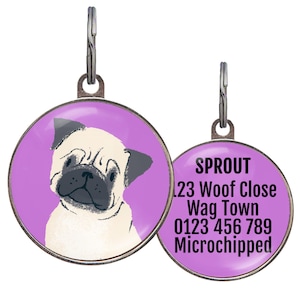 Pug Dog Tag – Fawn Pug Design – 6 Color Options – Personalized ID Tag for Pugs – Waterproof, Double-Sided – 2 Sizes Available