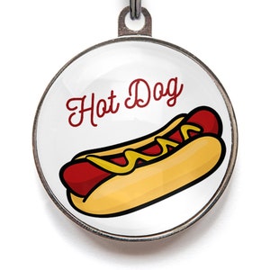 Funny hot dog tag for dachshunds with mustard coated hot dog in bun print and Hot Dog text, ideal for sausage dogs and wiener dogs