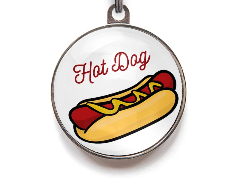 Funny hot dog tag for dachshunds with mustard coated hot dog in bun print and Hot Dog text, ideal for sausage dogs and wiener dogs