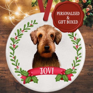 Airedale Terrier Christmas Bauble – Personalized Airedale Dog Ornament – Gift Boxed Ceramic Decoration – Holiday Keepsake for Pet Lovers