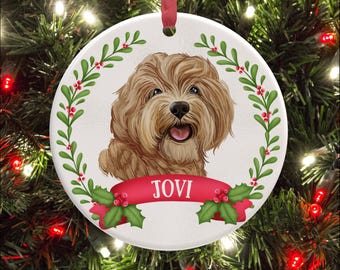 May include: A round white ceramic ornament featuring a detailed illustration of a fluffy light brown dog. The dog is framed by a green leafy wreath with red berries. A red banner across the bottom displays the name JOVI in white capital letters.