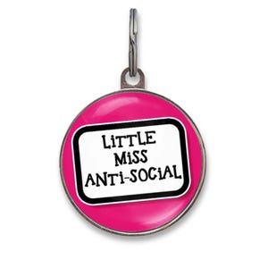 Könnte beinhalten: Ein kreisförmiges Haustier-Namensschild mit einem leuchtend pinkfarbenen Hintergrund. In der Mitte befindet sich ein weißes, rechteckiges Etikett mit einem dicken schwarzen Rand und dem schwarzen Text "LiTTLE MiSS ANTI-SOCIAL" in verspielter Schrift.