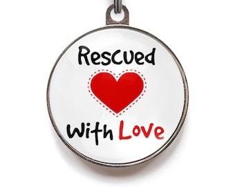 Rescued With Love Pet ID Tag – Personalized Dog Tag for Rescue Dogs | Adopted Puppy Gift | Cute White Pet Tag