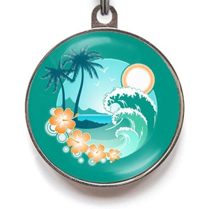 Hawaiian Style Pet ID Tag – Custom Tropical Dog Tag with Palm Trees, Waves & Hibiscus Flowers