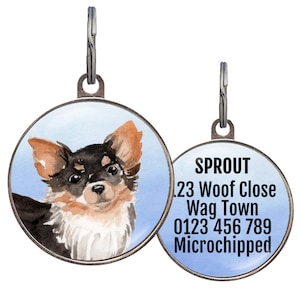 Chihuahua Dog ID Tag – 4 Background Colors – Personalized Long-Haired Black and Tan Chihuahua Tag – Custom Collar Tag for Chihuahua Lovers