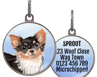 Chihuahua Dog ID Tag – 4 Background Colors – Personalized Long-Haired Black and Tan Chihuahua Tag – Custom Collar Tag for Chihuahua Lovers