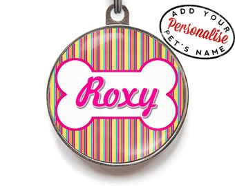 Medaglietta identificativa per cani a strisce luminose - Medaglietta identificativa personalizzata per animali domestici con colori caramella e design a forma di osso / Medaglietta con nome personalizzata per cani e gatti