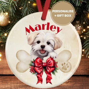 Personalised Maltese Dog Christmas Decoration – Ceramic Dog Ornament Gift – Custom Maltese Keepsake Bauble for Dog Lovers