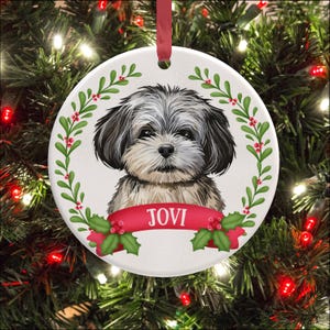 May include: A round white ceramic ornament featuring a detailed illustration of a fluffy black and white dog. A red ribbon banner across the bottom displays the name JOVI in white capital letters, framed by a green holly wreath with red berries.