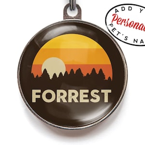 Adventure Dog Tag – Personalized Forest Sunset Pet ID Tag for Dogs & Cats | Custom Hiking Dog Name Tag