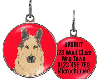 Placa de identificación para pastor alemán (6 colores de fondo), personalizada para alsacianos, impermeable, doble cara, 2 tamaños