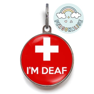 Deaf Dog Tag – I&#39;m Deaf Medical Pet ID – Hard of Hearing Dog Tag – Custom Info on Back – Red Alert Pet Tag for Deaf Dogs & Cats