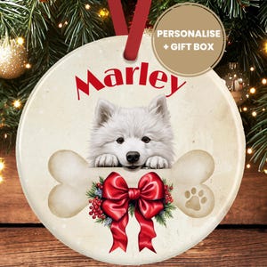 Personalised Samoyed Dog Christmas Decoration – Ceramic Dog Ornament Gift – Custom Samoyed Keepsake Bauble for Dog Lovers