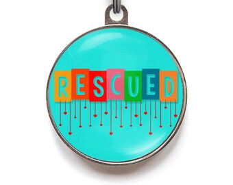 Rescued Dog Tag – Colorful Rescue Pet ID Tag with Hearts | Adopted Dog Gift | FREE Custom Personalization