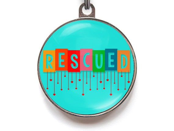 Rescued Dog Tag – Colorful Rescue Pet ID Tag with Hearts | Adopted Dog Gift | FREE Custom Personalization