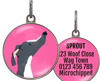 Etiqueta de identificação para cães Greyhound – Greyhound preto e branco – 6 opções de cores – Etiqueta personalizada para animais de estimação – Etiqueta de identificação personalizada para Greyhound – 2 tamanhos