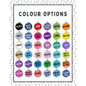 Puede incluir: Un gr&aacute;fico que muestra varias opciones de color para un producto. El texto "COLOUR OPTIONS" est&aacute; en la parte superior. Cada color est&aacute; representado por una peque&ntilde;a etiqueta redonda con el nombre del color en texto blanco. Los colores incluyen negro, rojo, morado y azul.
