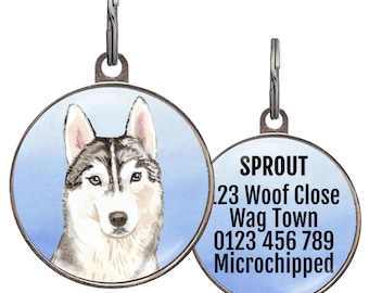 Husky Hundemarke - 4 Hintergrundfarben - Personalisierter Husky Namensanhänger - Individuelles Haustier Geschenk für Siberian Husky Liebhaber