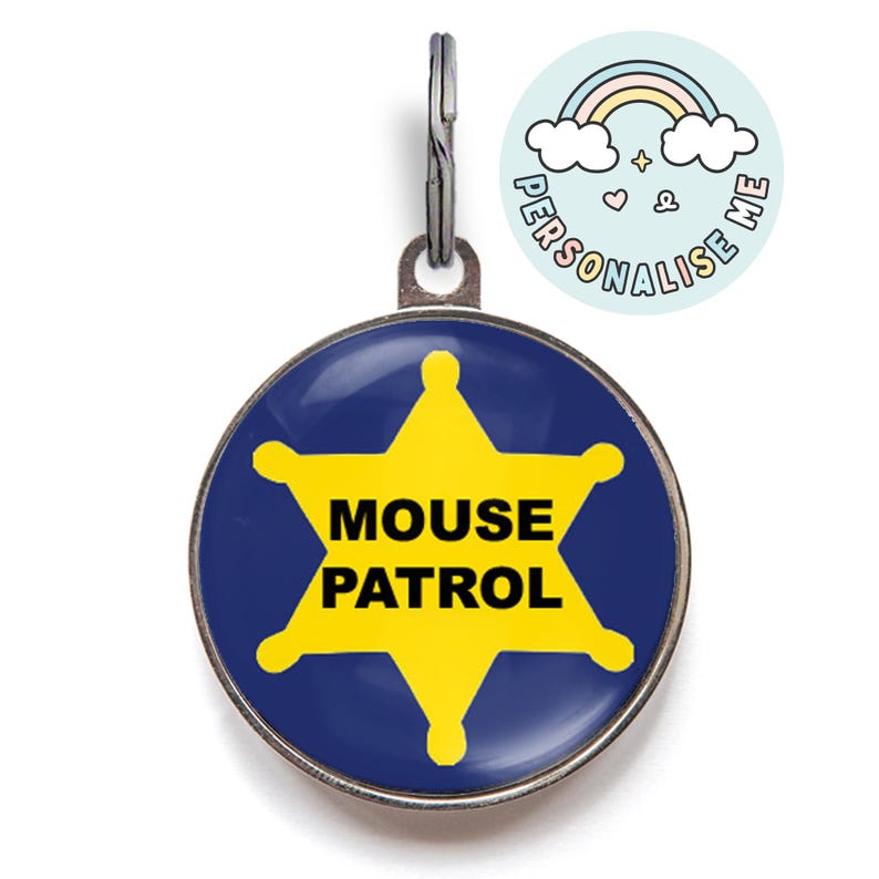 Round cat ID tag featuring a bright yellow sheriff star with the words “MOUSE PATROL” on a navy blue background – funny mouse cat tag
