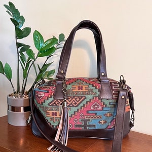 Bolso de piel marrón, bolso Ikat, bolso estilo western, bolso satchel, listo para enviar, regalo de cumpleaños