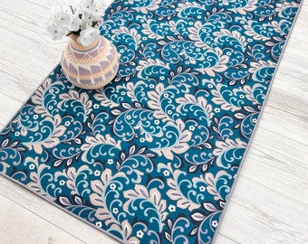Teal Floral Table Runner, Botanical Print Dining Table Decor