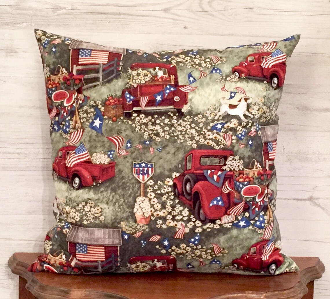 Patriotic Pillow Cover Farmhouse Pillow Cover Red Truck Etsy