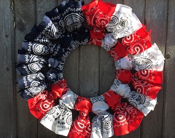 Red White Blue Bandana Wreath, Fourth of July Wreath, Patriotic Wreath