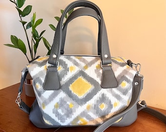 Everyday Handbag, Spring Purse, Summer Handbag, Satchel Bag, Gray Purse, Gift for Her, Ikat Pattern, Swoon Brooklyn Handbag, READY TO SHIP