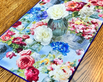 Floral Table Runner, Gift for Friend, Flower Table Runner, Rose and Hydrangea Table Decor, 13”x48”