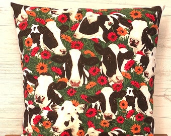 Farmhouse Pillow Cover, Cow Decor, Cow Pillow Cover, Western Decor, Ranch Decor, 18x18 pillow cover, Floral Pillow Cover