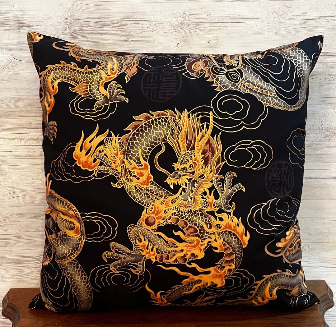 Asian Pillow Cover, Oriental Pillow, Japanese Dragon Decor, Oriental