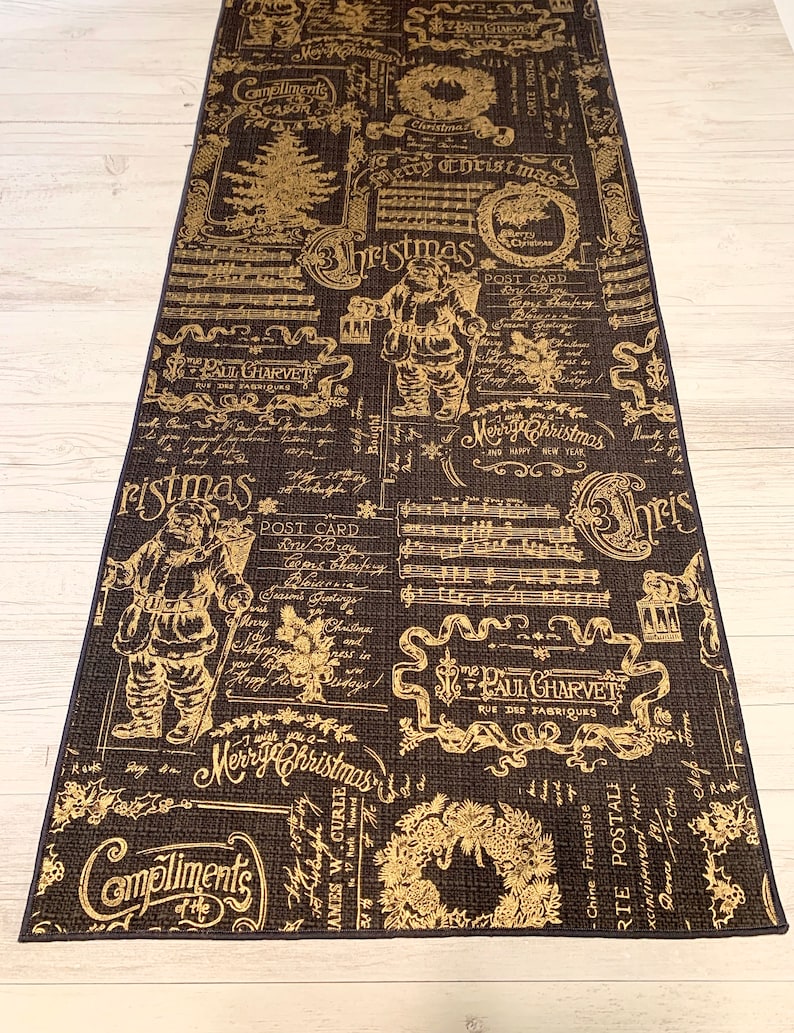 Christmas Table Runner, Old World Santa, Victorian Christmas, Black and Gold Table Runner image 1